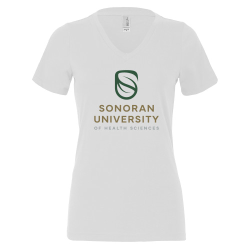  Bella + Canvas Womens White V Neck Cotton T Shirt - Sonoran Logo Centered