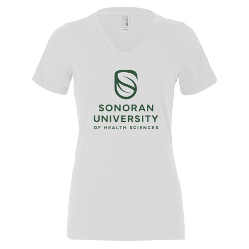  Bella + Canvas Womens White V Neck Cotton T Shirt - Sonoran Logo Centered
