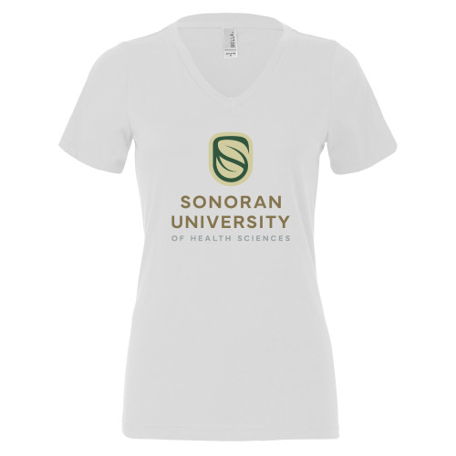  Bella + Canvas Womens White V Neck Cotton T Shirt - Sonoran Logo Centered