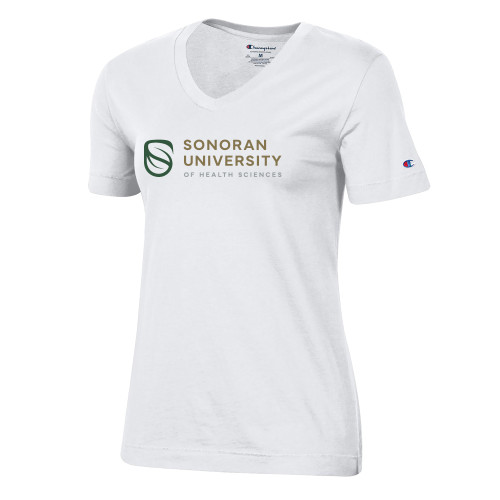  Champion Womens White VNeck Tee - Sonoran Logo