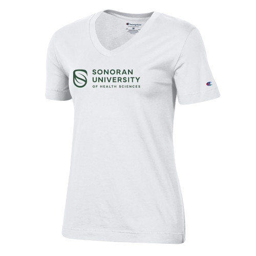  Champion Womens White VNeck Tee - Sonoran Logo