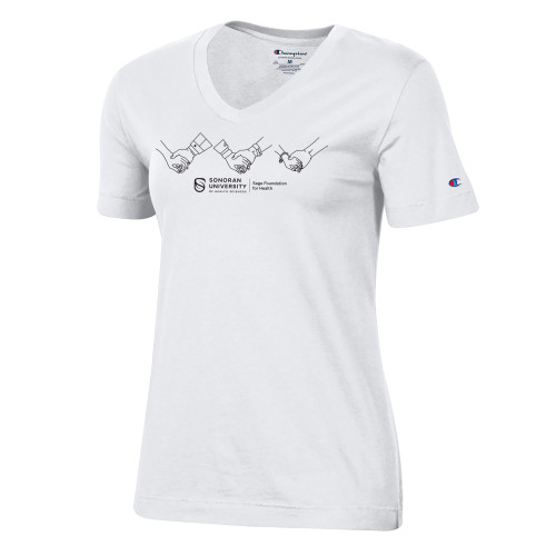  Champion Womens White VNeck Tee - Sonoran University Sage Foundation for Health Hands