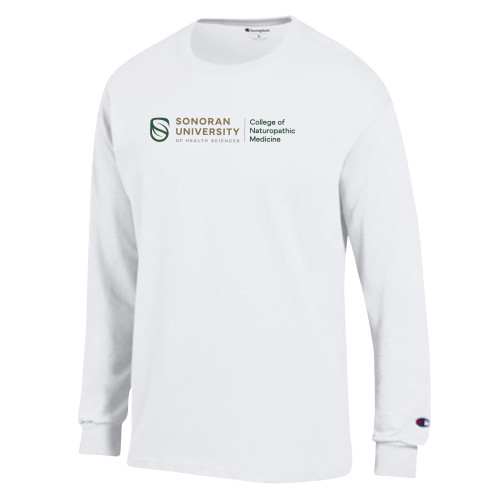  Champion White Long Sleeve T Shirt - College of Naturopathic Medicine Horizontal