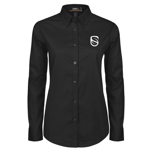  Womens Black Twill Button Down Long Sleeve  - Icon