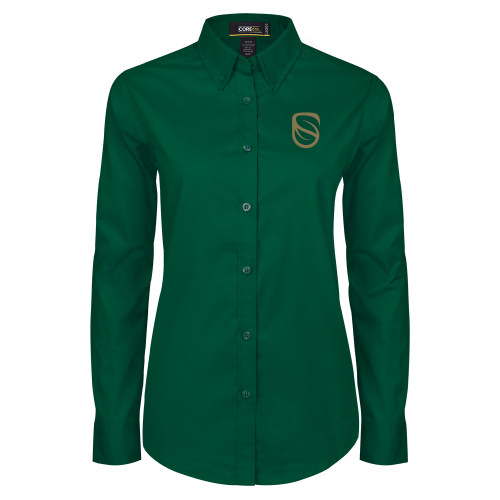  Womens Dark Green Twill Button Down Long Sleeve  - Icon