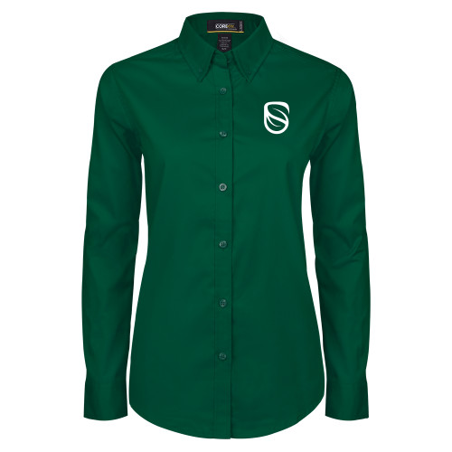  Womens Dark Green Twill Button Down Long Sleeve  - Icon