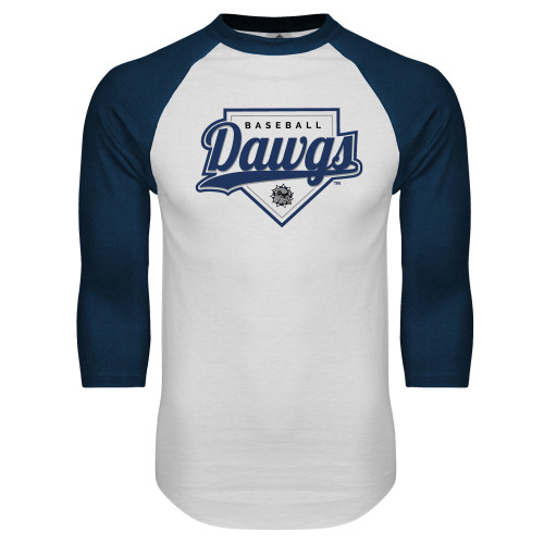  White/Navy Raglan Baseball T Shirt - Baseball Plate Design