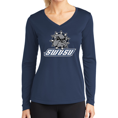  Womens Navy Performance Long Sleeve V Neck Shirt - Primary Mark