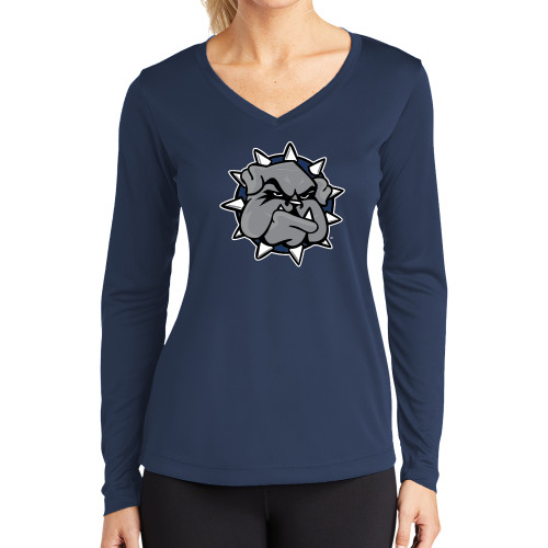  Womens Navy Performance Long Sleeve V Neck Shirt - Bulldog Head