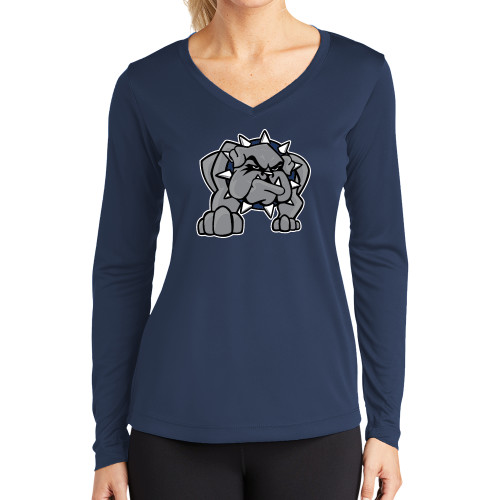  Womens Navy Performance Long Sleeve V Neck Shirt - Bulldog