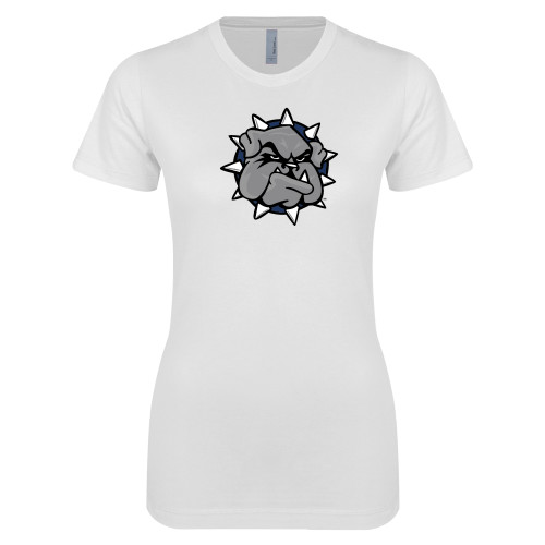  Next Level Womens White Boyfriend Tee - Bulldog Head