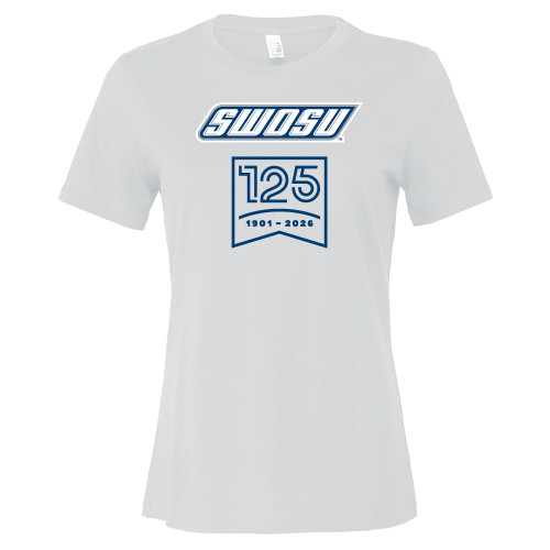  Bella + Canvas Womens White Relaxed Cotton T Shirt - SWOSU Stacked Wordmark 125 Years