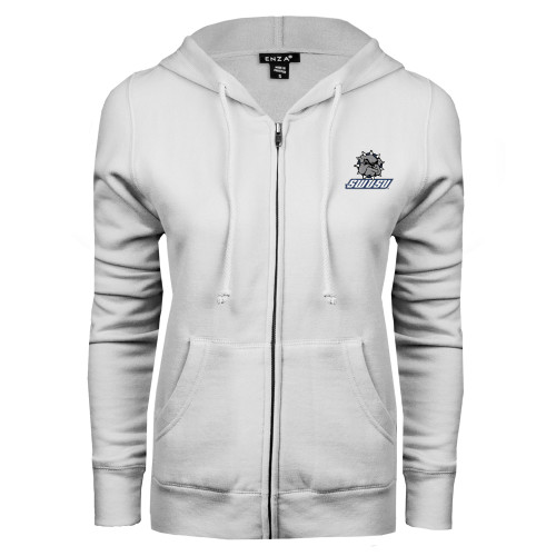  ENZA Womens White Fleece Full Zip Hoodie - Primary Mark