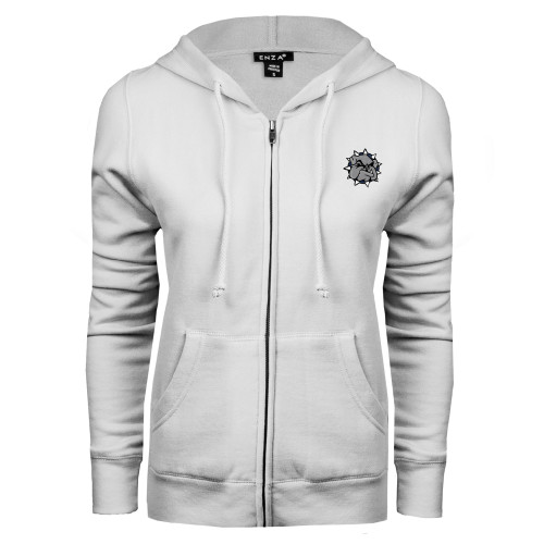  ENZA Womens White Fleece Full Zip Hoodie - Bulldog Head
