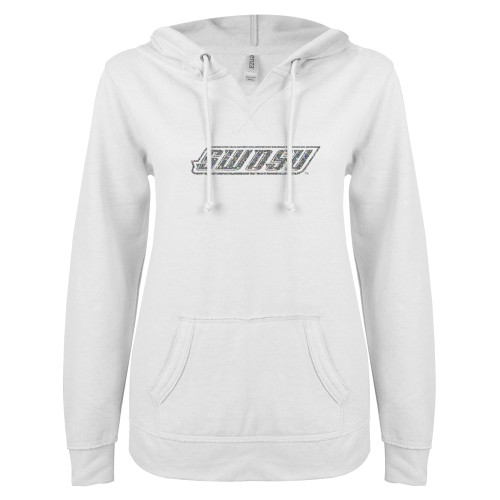  ENZA Womens White V Notch Raw Edge Fleece Hoodie - SWOSU Glitter