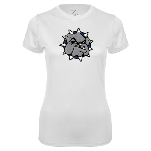  Womens White Performance Tee - Bulldog Head