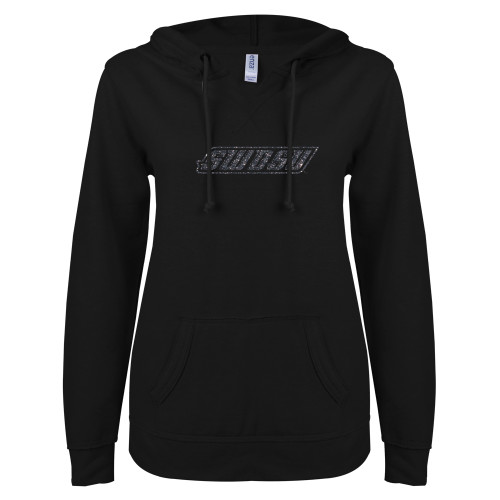  ENZA Womens Black V Notch Raw Edge Fleece Hoodie - SWOSU Glitter