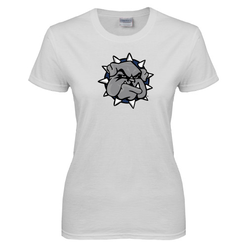  Womens White Short Sleeve Tee - Bulldog Head