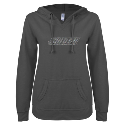  ENZA Womens Dark Heather V Notch Raw Edge Fleece Hoodie - SWOSU Glitter