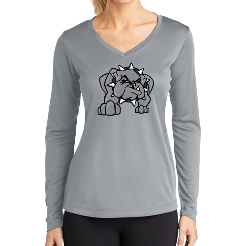  Womens Grey Performance Long Sleeve V Neck Shirt - Bulldog