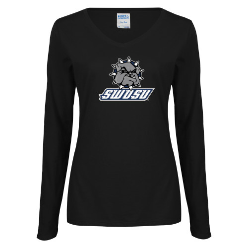  Womens Black Long Sleeve V Neck Tee  - Primary Mark