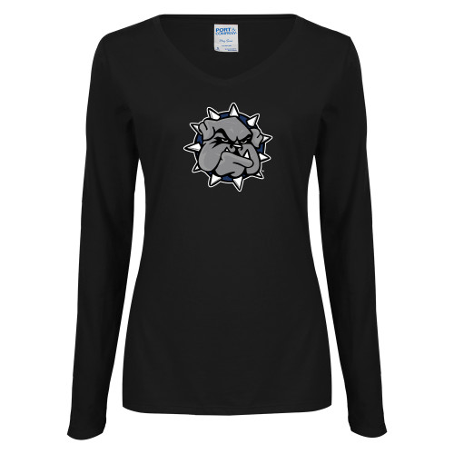  Womens Black Long Sleeve V Neck Tee  - Bulldog Head