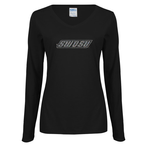  Womens Black Long Sleeve V Neck Tee  - SWOSU Glitter