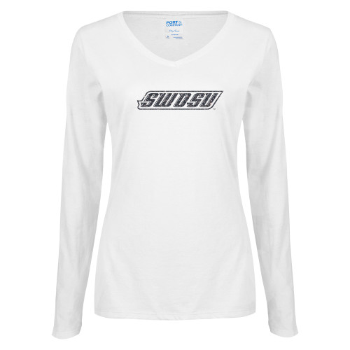  Womens White Long Sleeve V Neck Tee - SWOSU Glitter