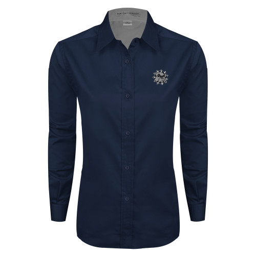  Womens Navy Twill Button Down Long Sleeve  - Bulldog Head