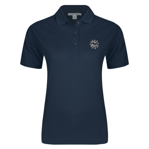  Womens Silk Touch Navy Pique Polo - Bulldog Head