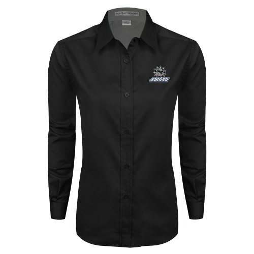  Womens Black Twill Button Down Long Sleeve  - Primary Mark