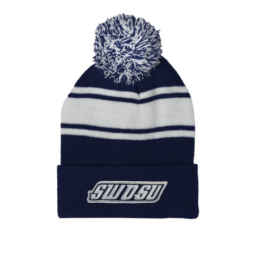  Navy/White Two Tone Knit Pom Beanie w/Cuff - SWOSU