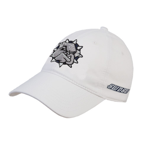  White Unstructured Adjustable Low Profile Hat - Bulldog Head