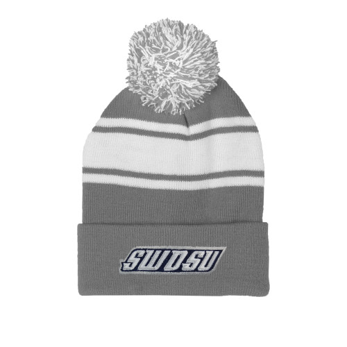 SWOSU Grey/White Two Tone Knit Pom Beanie w/Cuff
