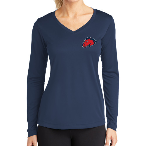  Womens Navy Performance Long Sleeve V Neck Shirt - Mustang Head