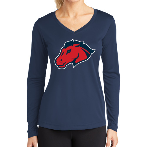  Womens Navy Performance Long Sleeve V Neck Shirt - Mustang Head