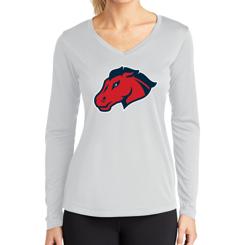  Womens White Performance Long Sleeve V Neck Shirt - Mustang Head