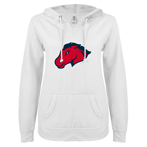  ENZA Womens White V Notch Raw Edge Fleece Hoodie - Mustang Head