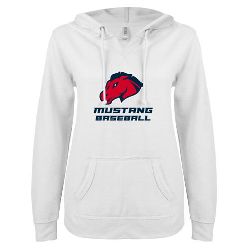  ENZA Womens White V Notch Raw Edge Fleece Hoodie - Baseball