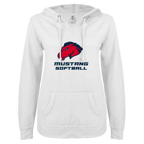  ENZA Womens White V Notch Raw Edge Fleece Hoodie - Softball