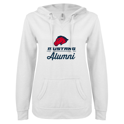  ENZA Womens White V Notch Raw Edge Fleece Hoodie - Alumni