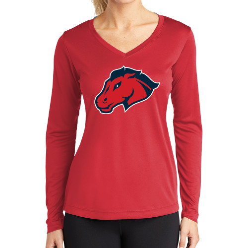  Womens Red Performance Long Sleeve V Neck Shirt - Mustang Head
