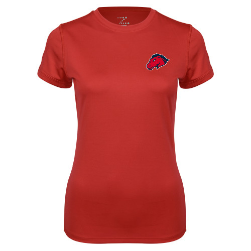  Womens Red Performance Tee - Mustang Head