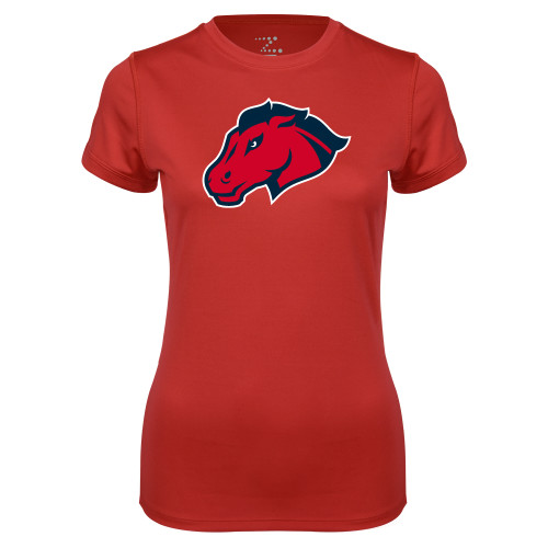  Womens Red Performance Tee - Mustang Head