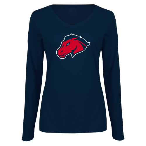  Womens Navy Long Sleeve V Neck Tee - Mustang Head