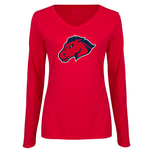  Womens Red Long Sleeve V Neck Tee - Mustang Head