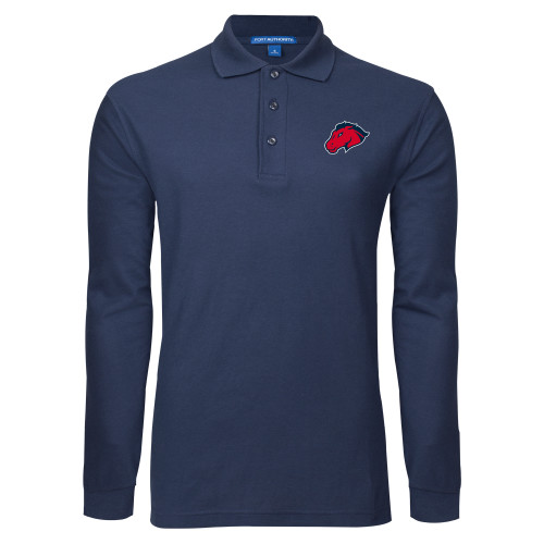  Navy Long Sleeve Polo - Mustang Head