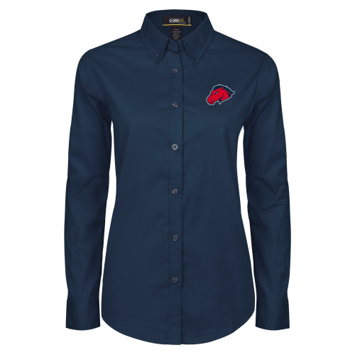  Womens Navy Twill Button Down Long Sleeve  - Mustang Head