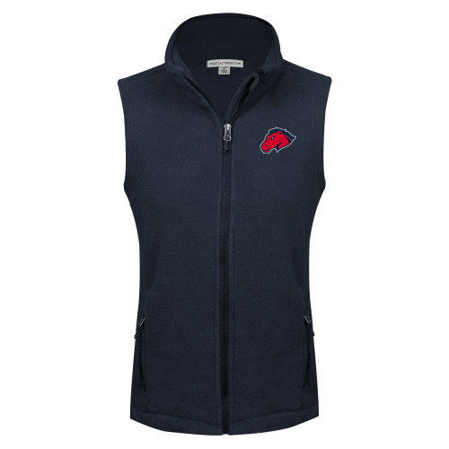  Womens Navy Fleece Full Zip Vest - Mustang Head