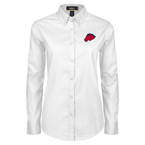  Womens White Twill Button Down Long Sleeve - Mustang Head